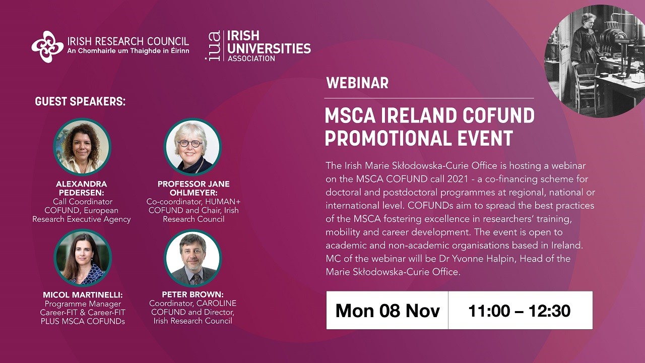 Information and pIctures of speakers at MSCA Ireland COFOUND promotional event